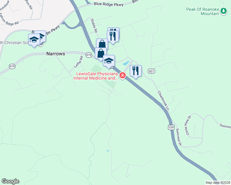 map of restaurants, bars, coffee shops, grocery stores, and more near 5342 Indian Grave Road Southwest in Roanoke