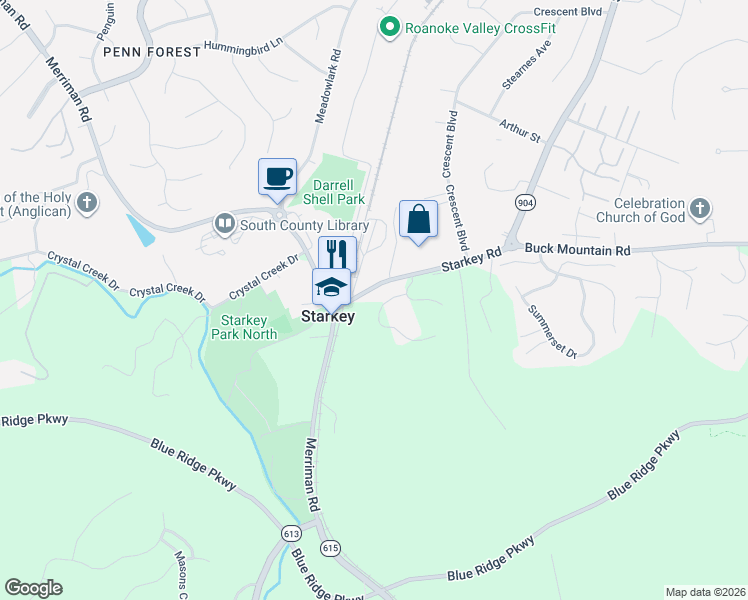 map of restaurants, bars, coffee shops, grocery stores, and more near 5914-5970 Starkey Road in Cave Spring