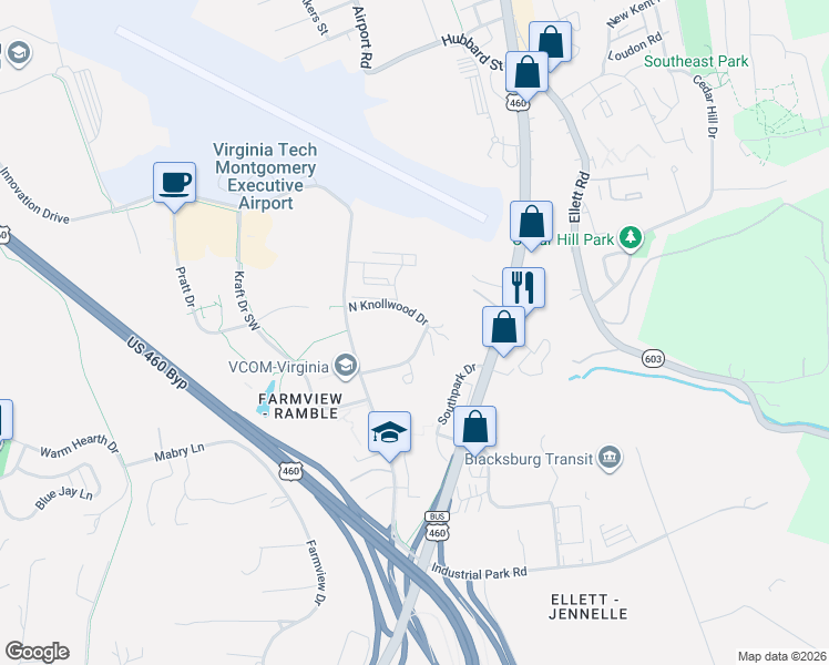 map of restaurants, bars, coffee shops, grocery stores, and more near 301 North Knollwood Drive in Blacksburg