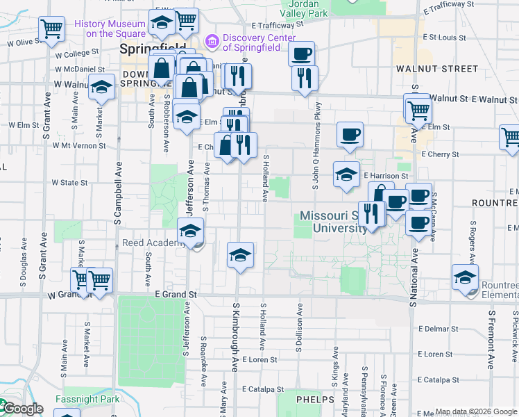 map of restaurants, bars, coffee shops, grocery stores, and more near 661 South John Q Hammons Parkway in Springfield