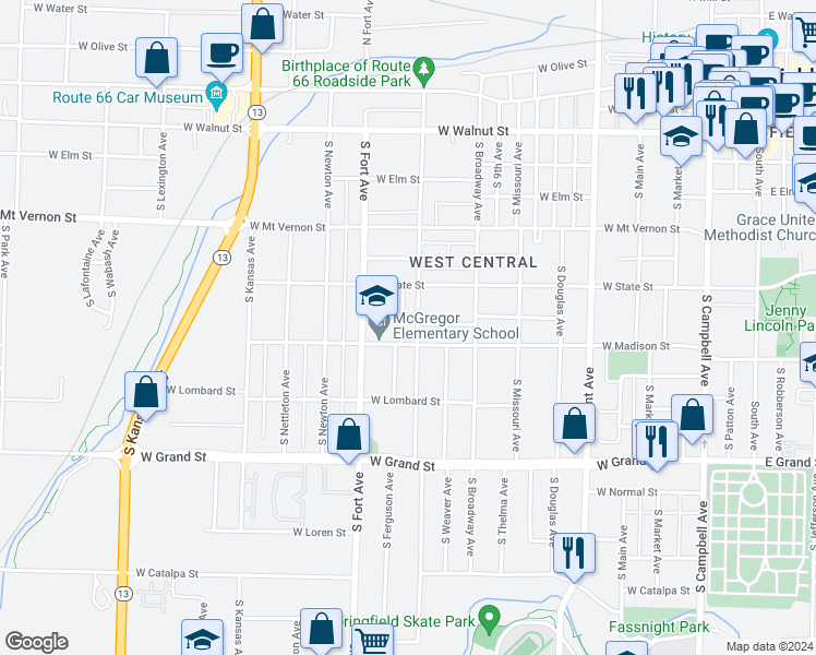 map of restaurants, bars, coffee shops, grocery stores, and more near 733 South New Avenue in Springfield