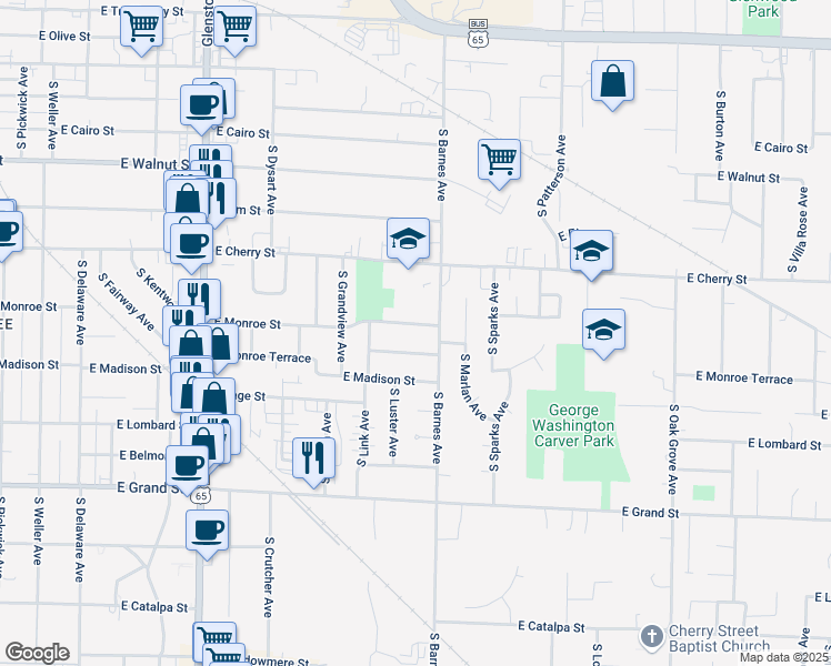 map of restaurants, bars, coffee shops, grocery stores, and more near 2157 East Monroe Street in Springfield
