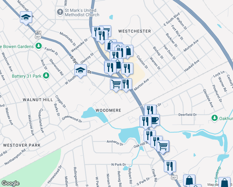 map of restaurants, bars, coffee shops, grocery stores, and more near 2120 South Crater Road in Petersburg