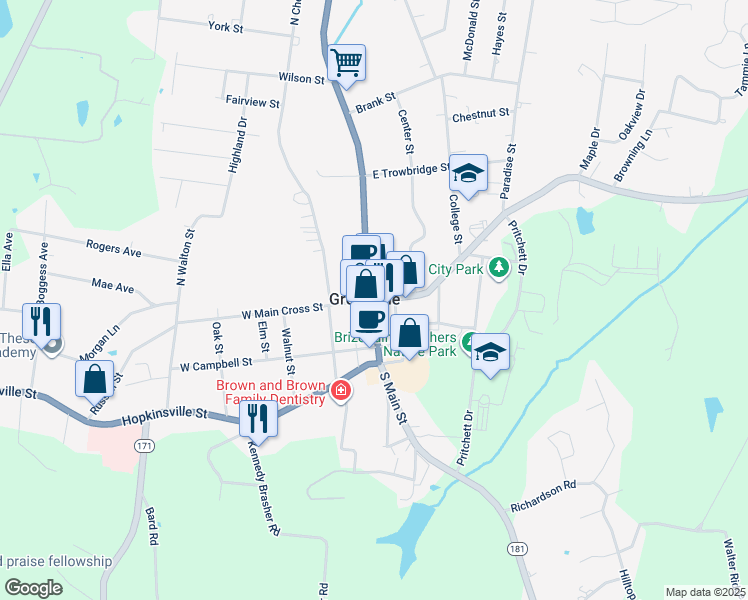 map of restaurants, bars, coffee shops, grocery stores, and more near 100 Main Street in Greenville