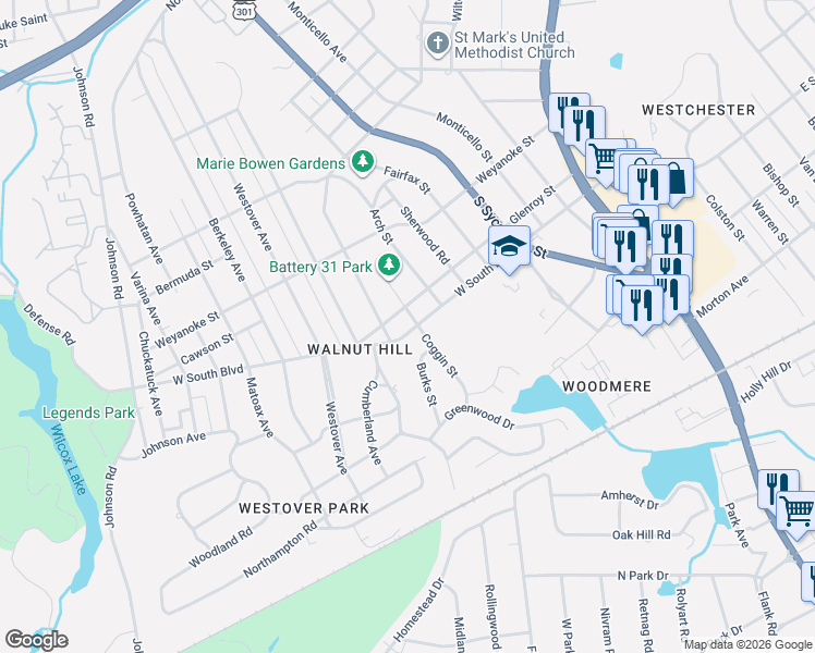 map of restaurants, bars, coffee shops, grocery stores, and more near 395 West South Boulevard in Petersburg