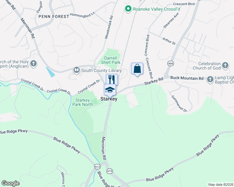 map of restaurants, bars, coffee shops, grocery stores, and more near 5970 Starkey Road in Cave Spring