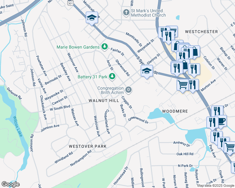 map of restaurants, bars, coffee shops, grocery stores, and more near 1886 Coggin Street in Petersburg