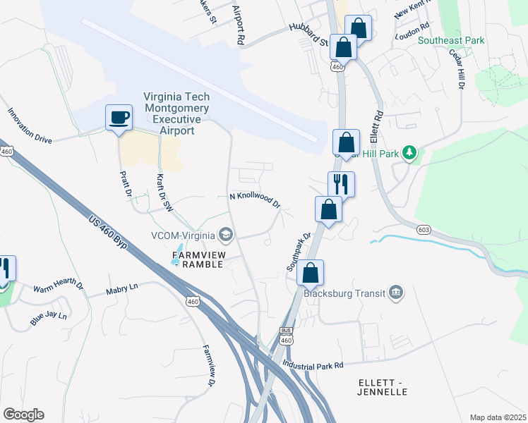 map of restaurants, bars, coffee shops, grocery stores, and more near 301 North Knollwood Drive in Blacksburg