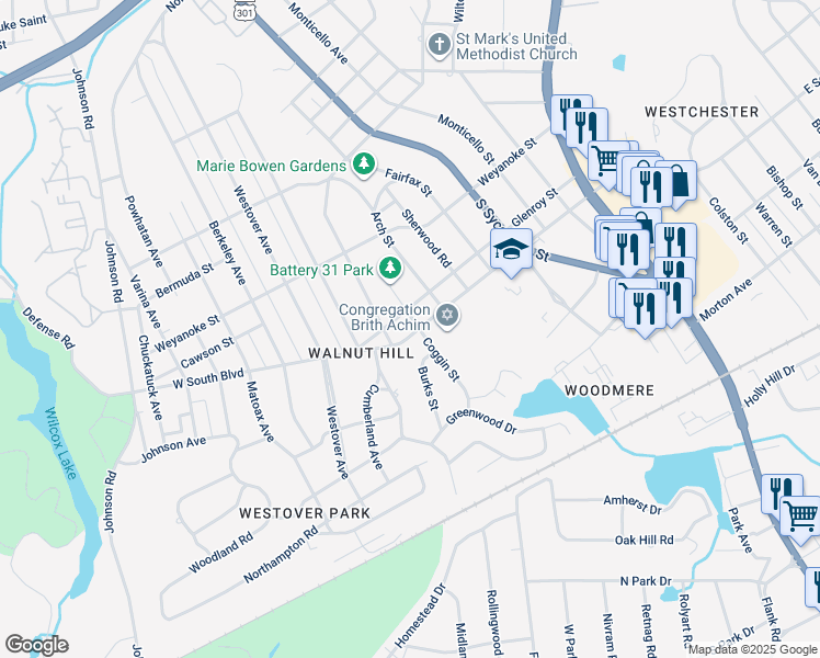 map of restaurants, bars, coffee shops, grocery stores, and more near 1886 Coggin Street in Petersburg