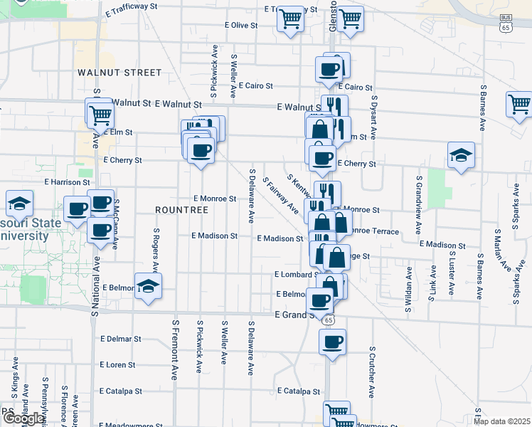 map of restaurants, bars, coffee shops, grocery stores, and more near 1621 East Monroe Terrace in Springfield