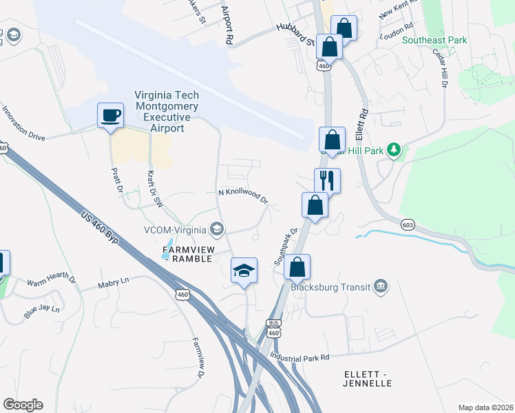 map of restaurants, bars, coffee shops, grocery stores, and more near 301 North Knollwood Drive in Blacksburg