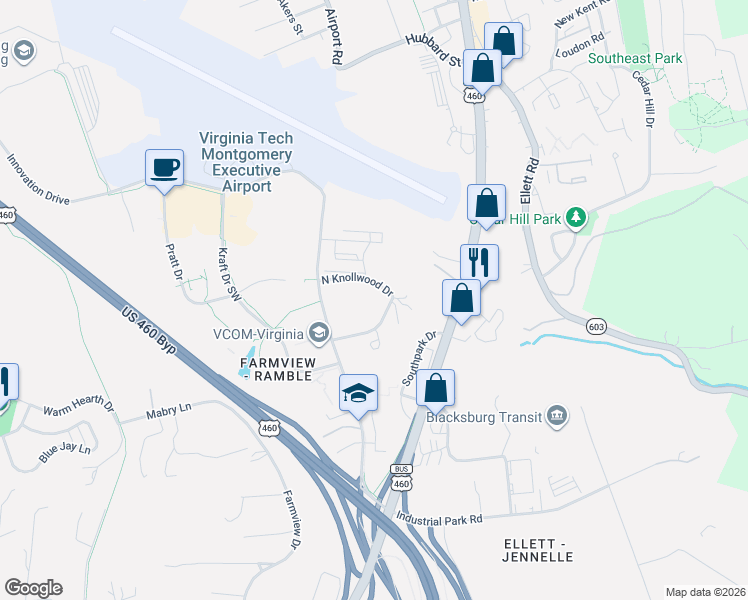 map of restaurants, bars, coffee shops, grocery stores, and more near 301 North Knollwood Drive in Blacksburg