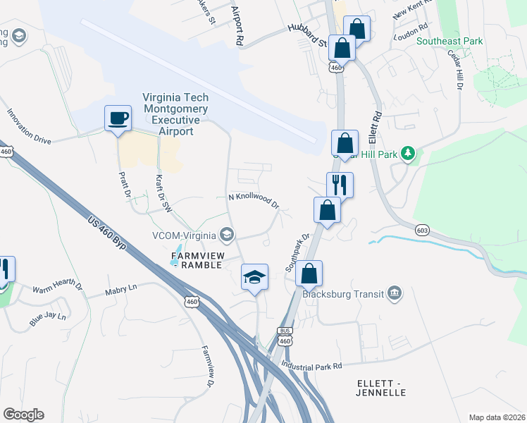 map of restaurants, bars, coffee shops, grocery stores, and more near 301 North Knollwood Drive in Blacksburg