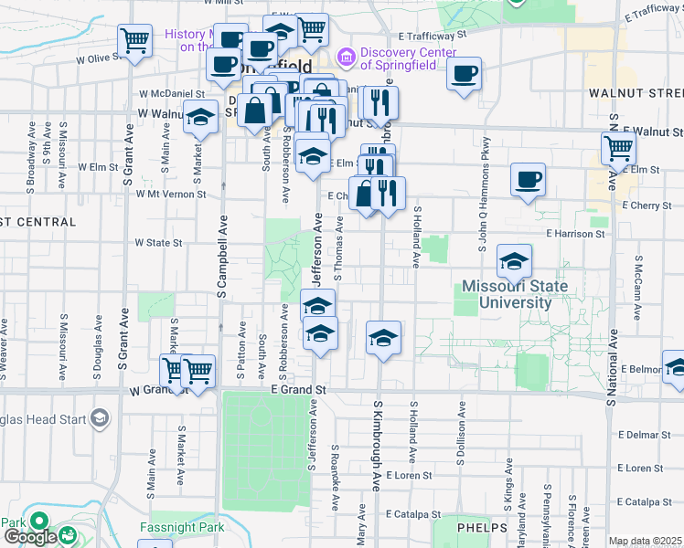 map of restaurants, bars, coffee shops, grocery stores, and more near 684 South Jefferson Avenue in Springfield
