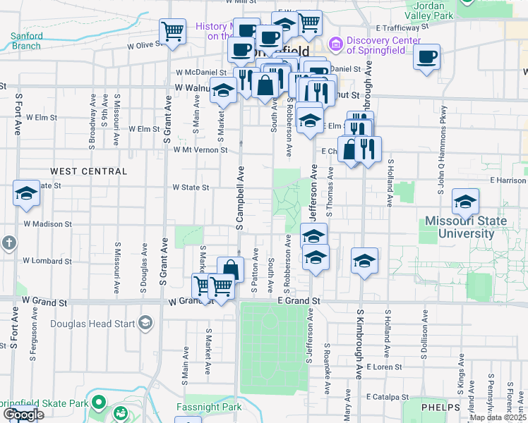 map of restaurants, bars, coffee shops, grocery stores, and more near 727 South Avenue in Springfield