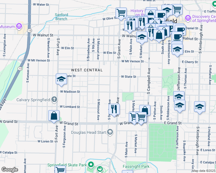 map of restaurants, bars, coffee shops, grocery stores, and more near 728 South Douglas Avenue in Springfield