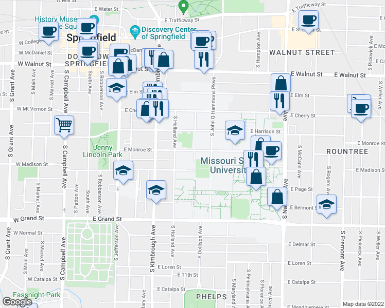 map of restaurants, bars, coffee shops, grocery stores, and more near 830 Bear Boulevard in Springfield