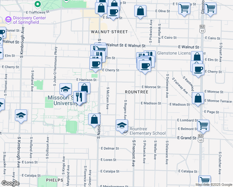 map of restaurants, bars, coffee shops, grocery stores, and more near 1141 East Monroe Street in Springfield