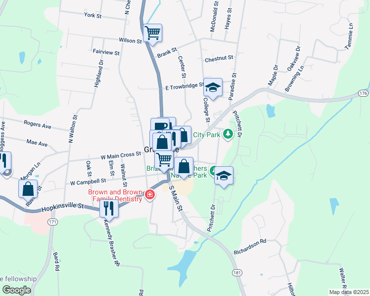 map of restaurants, bars, coffee shops, grocery stores, and more near 144 East Main Cross Street in Greenville