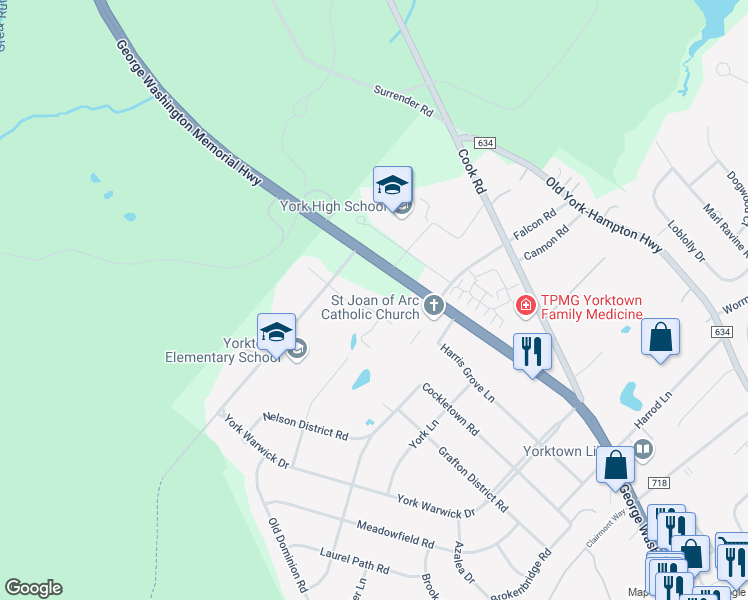 map of restaurants, bars, coffee shops, grocery stores, and more near 113 Runaway Lane in Yorktown