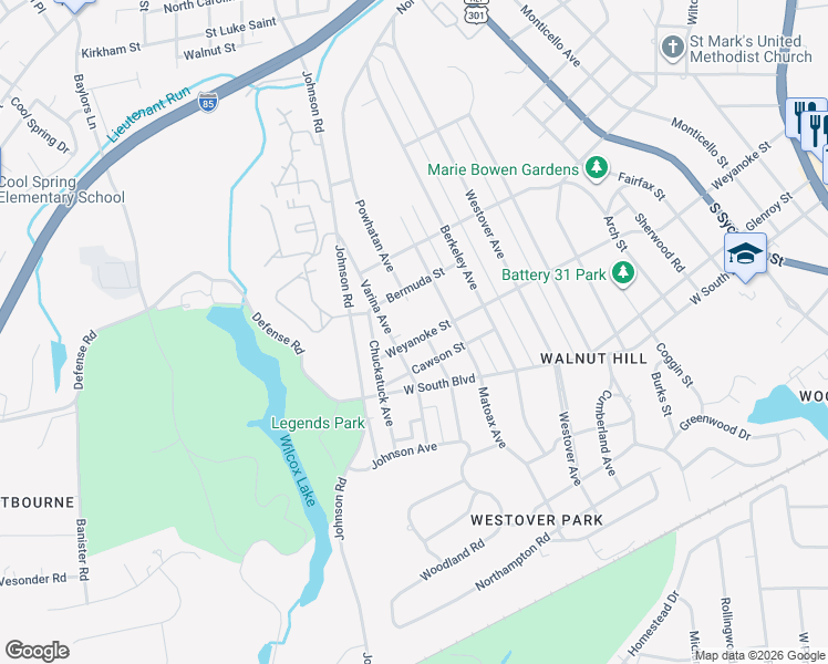 map of restaurants, bars, coffee shops, grocery stores, and more near 1007 Weyanoke Street in Petersburg