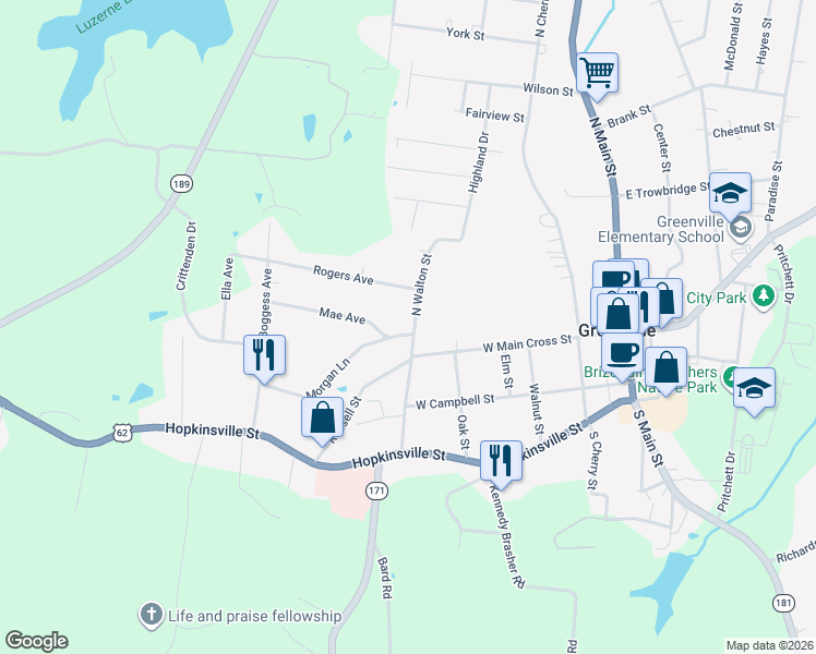 map of restaurants, bars, coffee shops, grocery stores, and more near 109 North Walton Street in Greenville