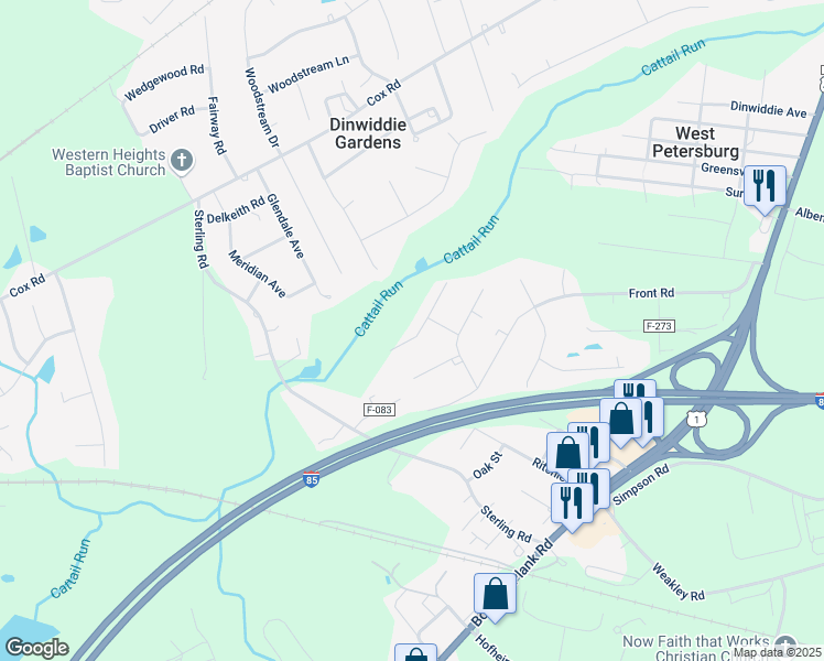 map of restaurants, bars, coffee shops, grocery stores, and more near 25020 Gilmar Court in Petersburg