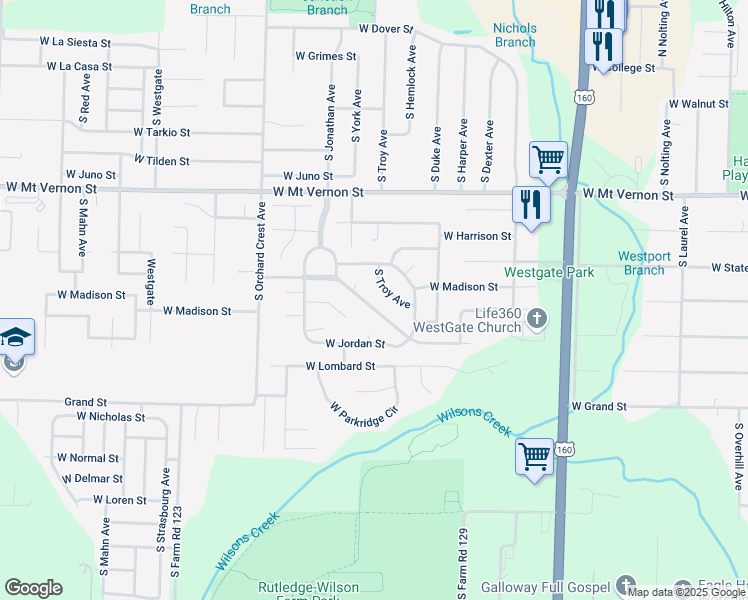 map of restaurants, bars, coffee shops, grocery stores, and more near 3905 West Kay Pointe Boulevard in Springfield