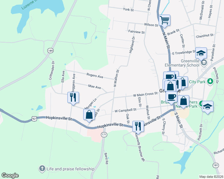 map of restaurants, bars, coffee shops, grocery stores, and more near 109-199 North Walton Street in Greenville