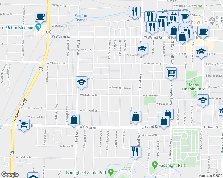 map of restaurants, bars, coffee shops, grocery stores, and more near 934 West Monroe Terrace in Springfield