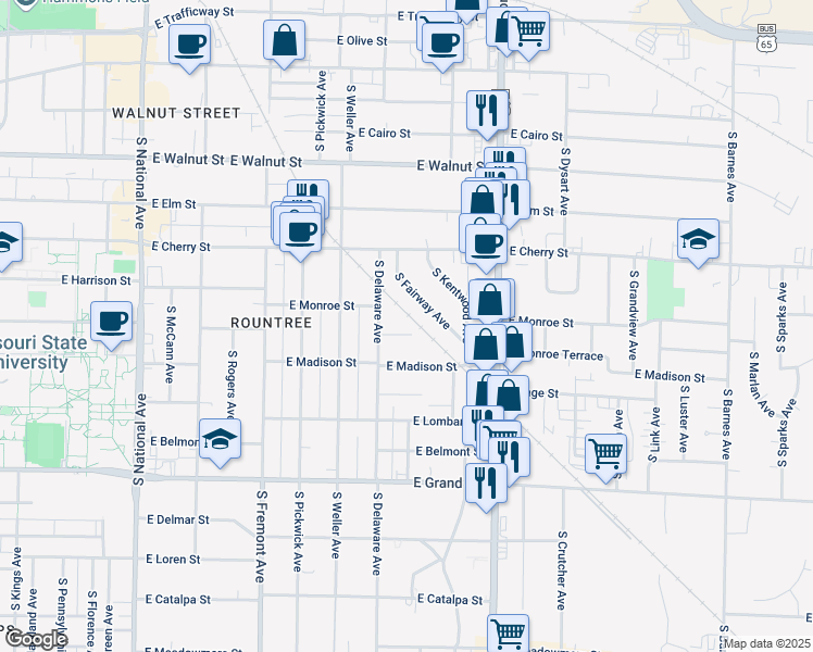 map of restaurants, bars, coffee shops, grocery stores, and more near 1621 East Monroe Terrace in Springfield