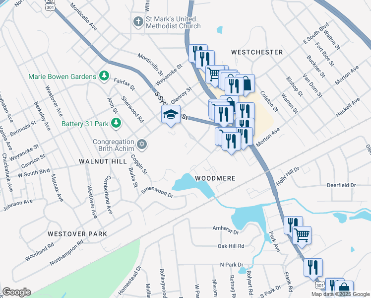 map of restaurants, bars, coffee shops, grocery stores, and more near 125 Goodrich Avenue in Petersburg