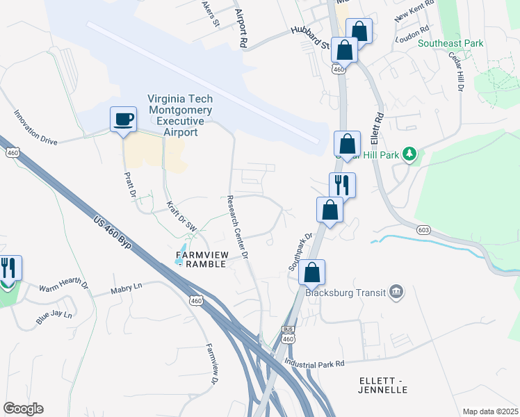 map of restaurants, bars, coffee shops, grocery stores, and more near 305 North Knollwood Drive in Blacksburg