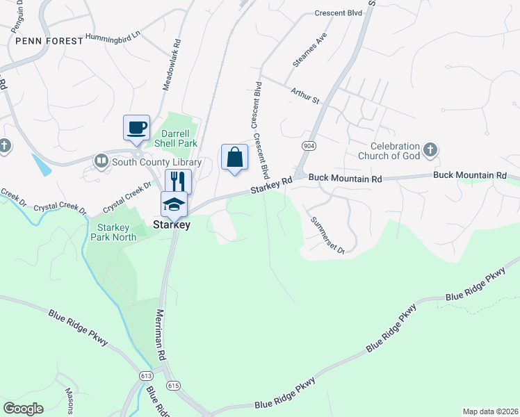 map of restaurants, bars, coffee shops, grocery stores, and more near 5918 Knightsbridge Drive in Roanoke