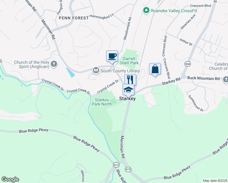 map of restaurants, bars, coffee shops, grocery stores, and more near 5757 Crystal Creek Drive in Roanoke