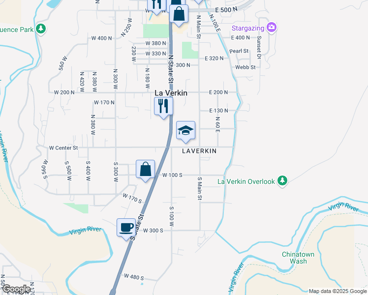 map of restaurants, bars, coffee shops, grocery stores, and more near 51 West Center Street in La Verkin