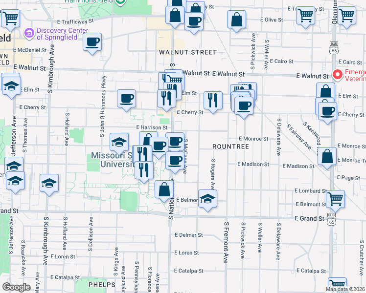 map of restaurants, bars, coffee shops, grocery stores, and more near 672 South McCann Avenue in Springfield