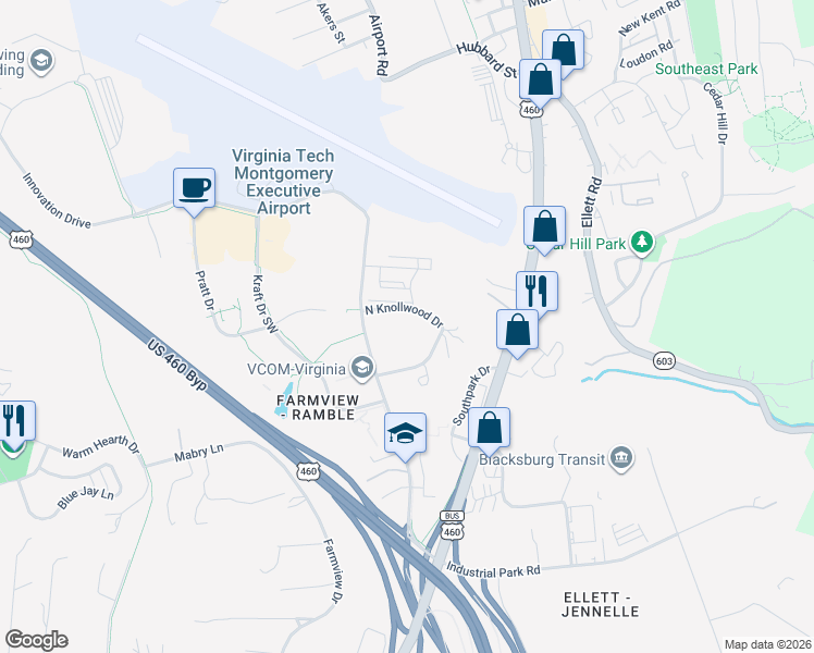 map of restaurants, bars, coffee shops, grocery stores, and more near 307 North Knollwood Drive in Blacksburg