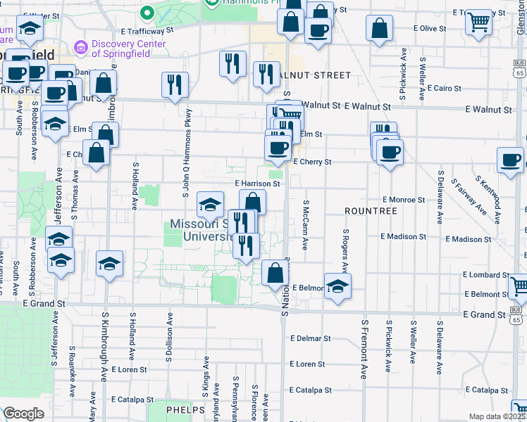 map of restaurants, bars, coffee shops, grocery stores, and more near 1141 East Monroe Street in Springfield