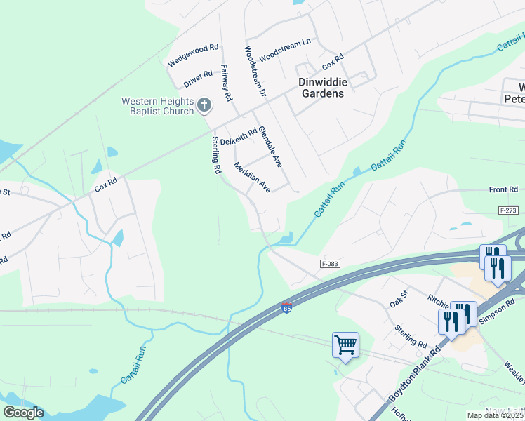 map of restaurants, bars, coffee shops, grocery stores, and more near 5115 Sterling Road in Petersburg
