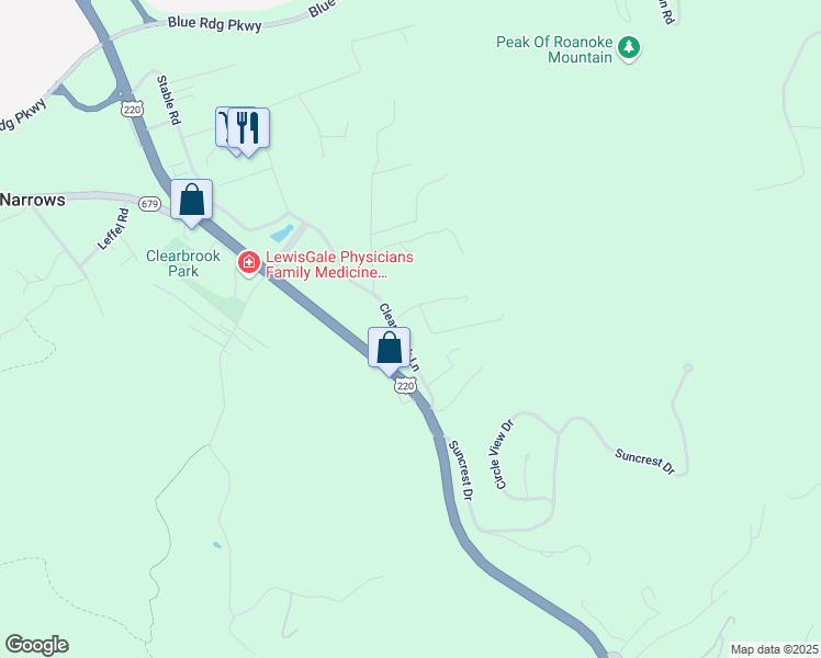 map of restaurants, bars, coffee shops, grocery stores, and more near 5444 Clearbrook Lane in Roanoke