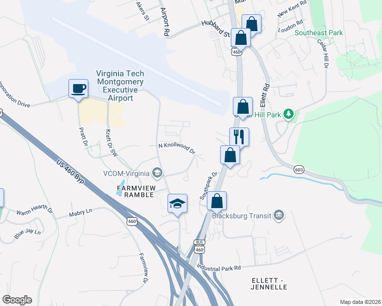 map of restaurants, bars, coffee shops, grocery stores, and more near 301 North Knollwood Drive in Blacksburg