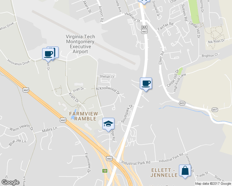 map of restaurants, bars, coffee shops, grocery stores, and more near 301 North Knollwood Drive in Blacksburg