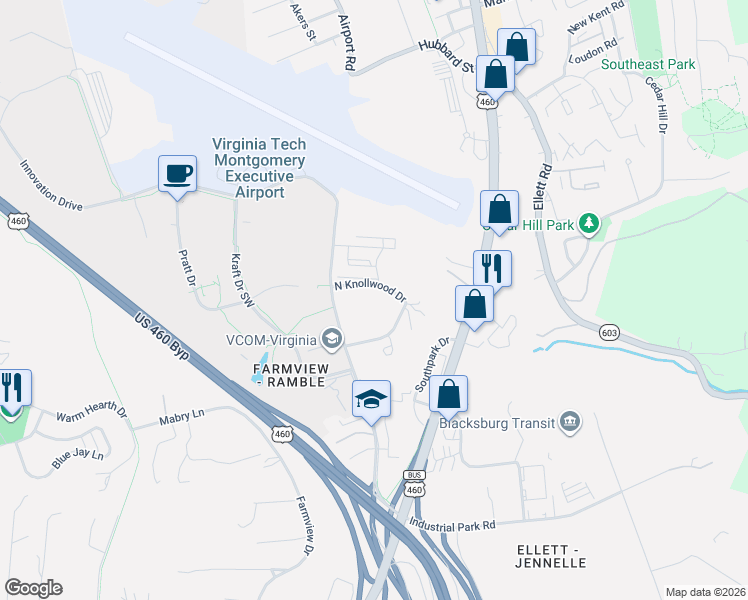map of restaurants, bars, coffee shops, grocery stores, and more near 305 North Knollwood Drive in Blacksburg