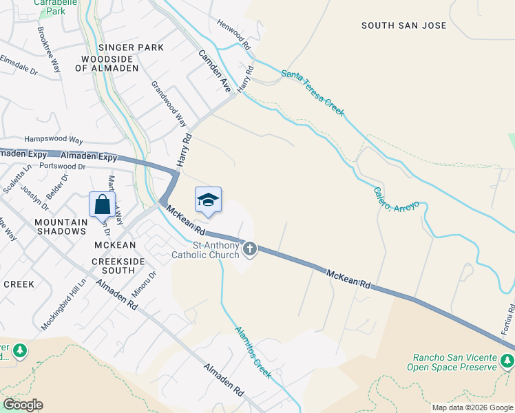 map of restaurants, bars, coffee shops, grocery stores, and more near 20100 McKean Road in San Jose