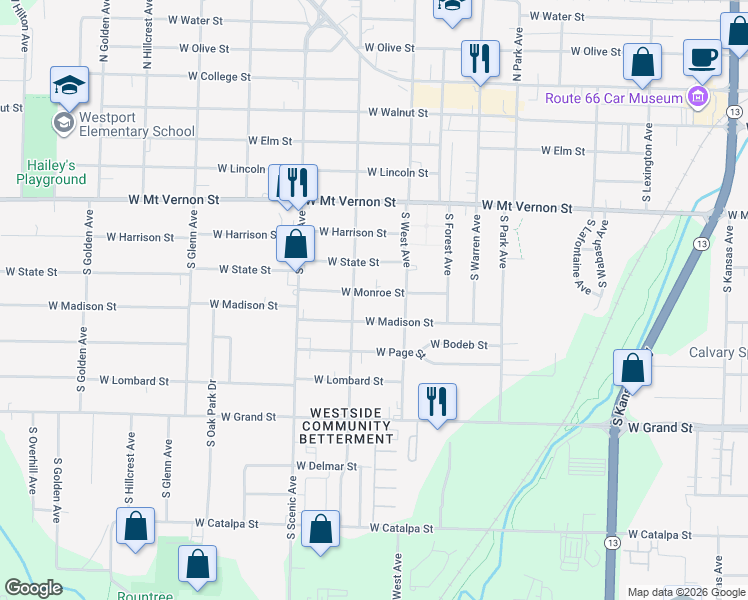 map of restaurants, bars, coffee shops, grocery stores, and more near 2514 West Monroe Street in Springfield