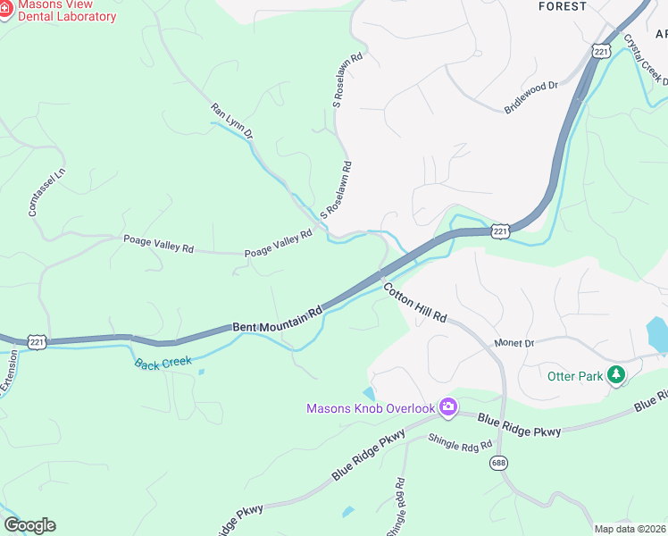 map of restaurants, bars, coffee shops, grocery stores, and more near 5885 Bent Mountain Road in Roanoke
