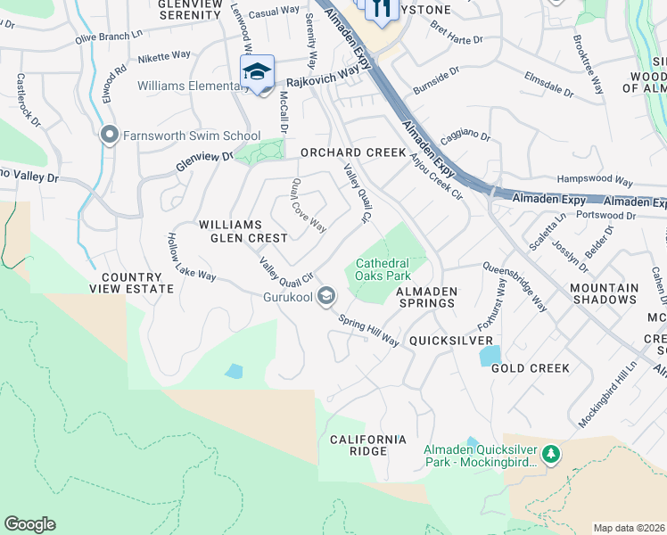 map of restaurants, bars, coffee shops, grocery stores, and more near 1120 Valley Quail Circle in San Jose