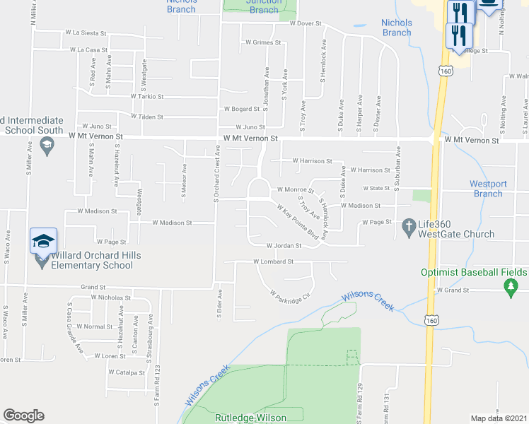 map of restaurants, bars, coffee shops, grocery stores, and more near 4011 West Madison Place in Springfield