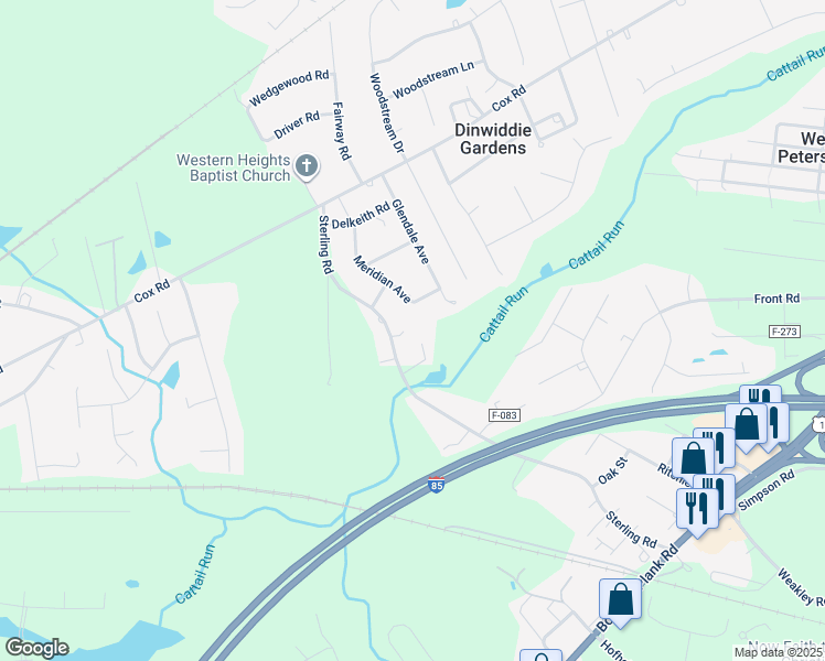 map of restaurants, bars, coffee shops, grocery stores, and more near 5115 Sterling Road in Petersburg
